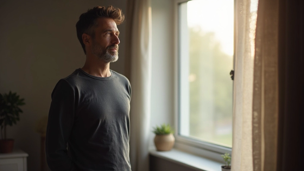 Persoon staat bij raam in ochtendschemering en denkt na over dag die gaat beginnen