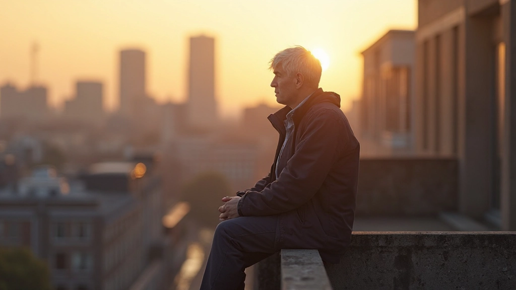 Persoon zit op rand van balkon en kijkt uit over stad bij zonsondergang, moment van contemplatie