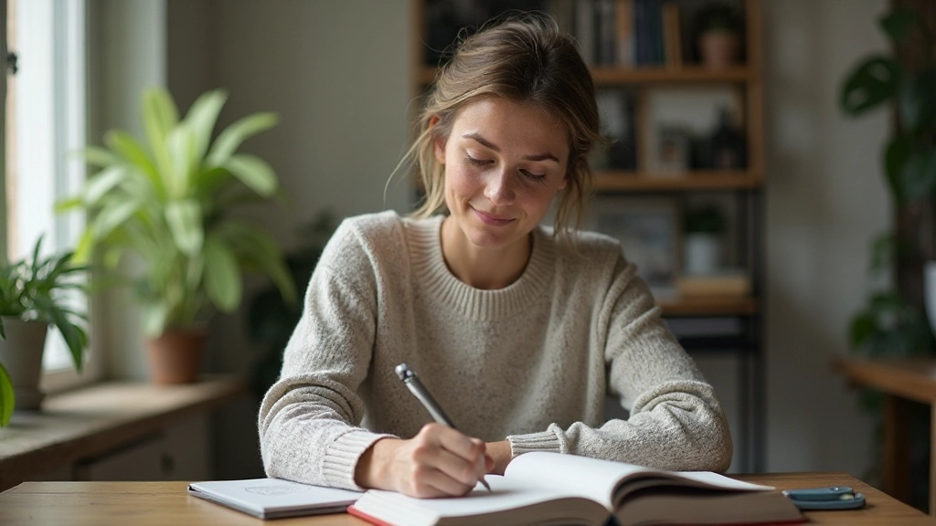 Persoon schrijft in journaal terwijl ze nadenkt over persoonlijke waarden en levensfilosofie in rustige werkomgeving