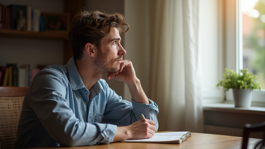 Persoon zittend aan houten tafel met notitieboek, peinzend naar buiten kijkend door groot raam met natuurlijk licht