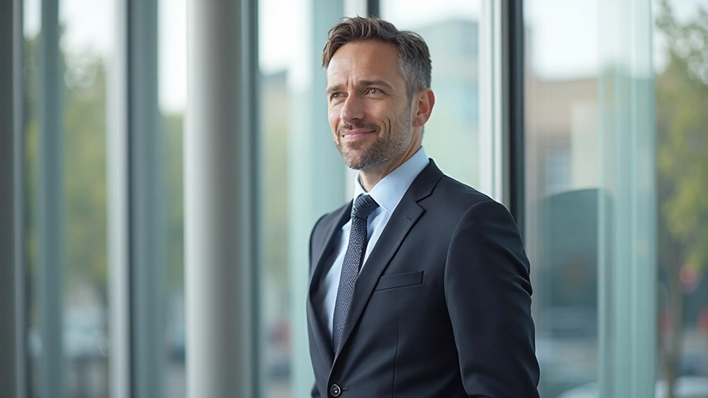 Persoon staand voor grote raam in kantoor, armen licht opgeheven in zelfverzekerd gebaar, kijkend uit naar horizon met glimlach