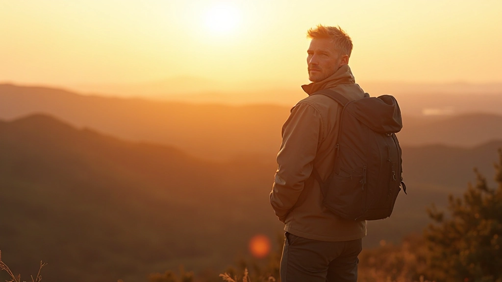 Persoon staat alleen op bergtop bij zonsondergang, kijkt uit over landschap, sterke houding, gouden licht