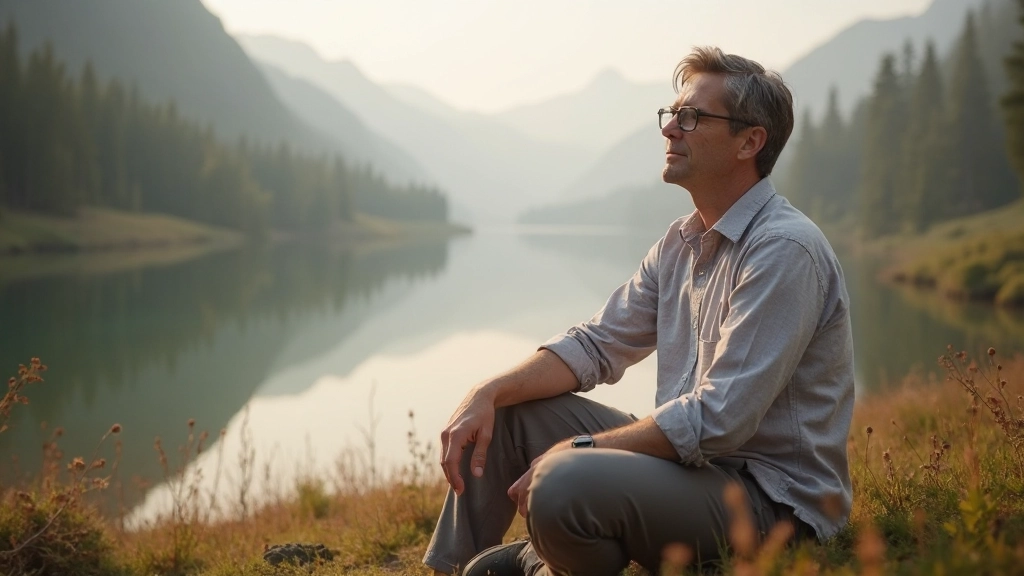 Mediterende persoon zit rustig in natuuromgeving met berg en water op achtergrond