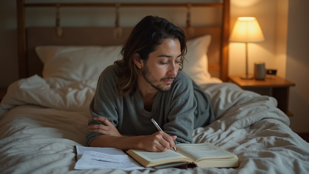 Persoon liggend op bed met open notitieboek en pen in hand, omringd door koppelingen van ideeën geschreven op papier