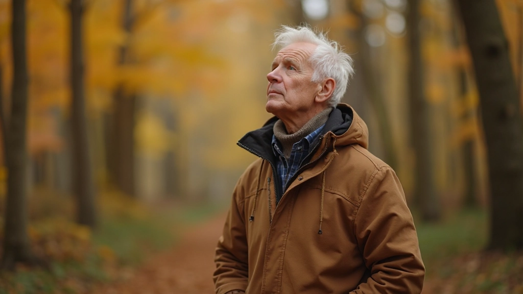 Persoon loopt door bos in herfstkleuren, kijkt omhoog tussen bladeren