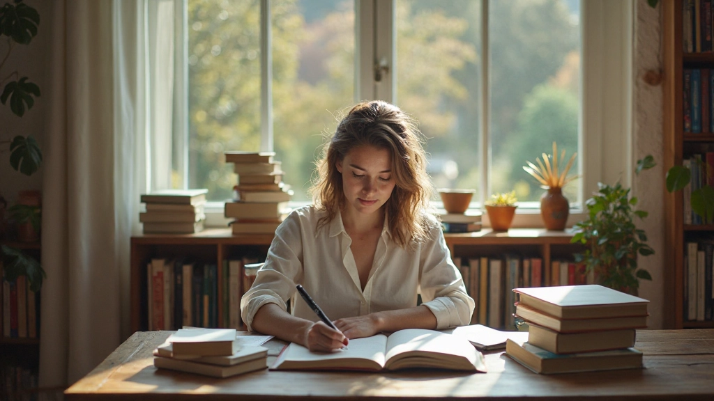 Persoon schrijft in journaal omgeven door inspirerende boeken over filosofie en zelfbewustzijn