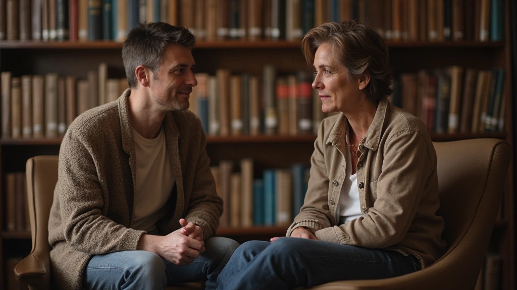 Twee personen zitten in gezellige bibliotheekruimte met boeken om zich heen, in diepe gesprek over persoonlijke groei en levensfilosofie