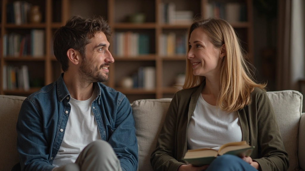 Persoon in gesprek met ander persoon, beide zittend in gezellige kamer met boeken op achtergrond