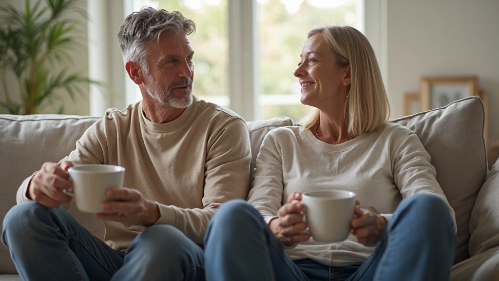 Twee personen zittend op bank in gesprek, koffie in hand, relaxed en intiem conversatie moment in lichte woonkamer