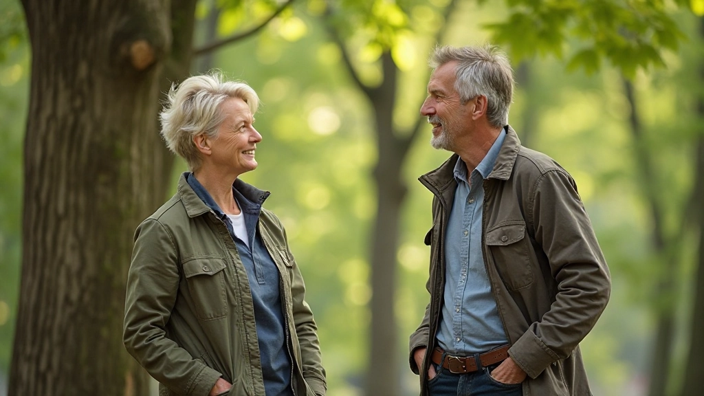 Twee personen in gesprek buiten, staand onder boom, ontspannen houding, zonnig weer, gemoedelijk moment