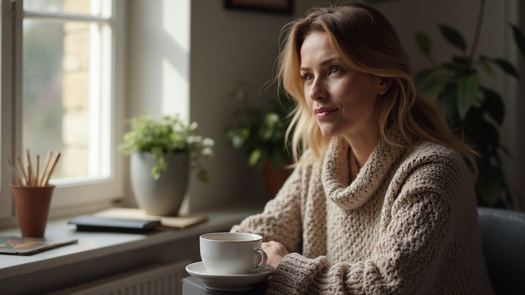 Persoon met kopje koffie zit in rustige hoek van huis en denkt na over leven