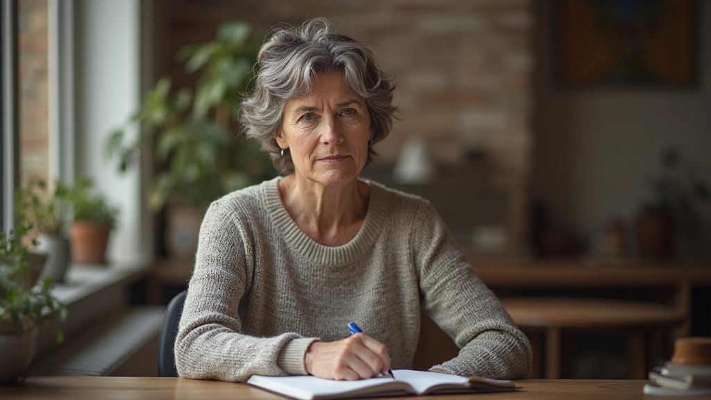 Persoon zit aan houten tafel met notitieboek en kopje koffie, peinzend blik, warm zonlicht door raam